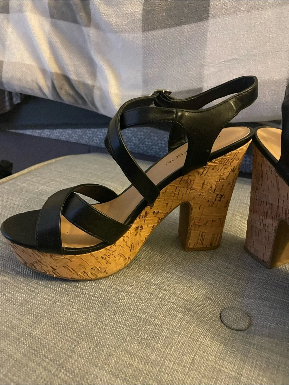 12 Thompson Black Cork Platform Strappy Sandals